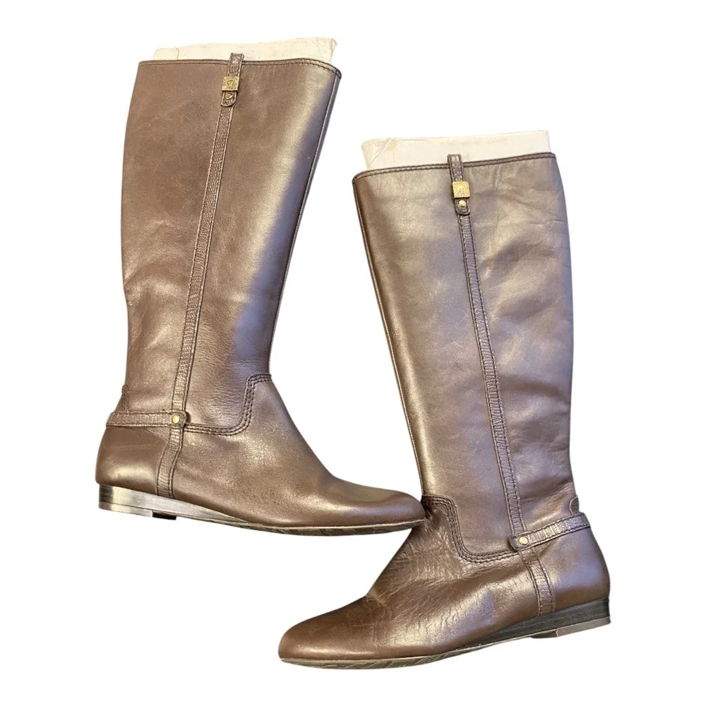 Anne Klein Riding Boots Brown Leather Flat Knee High Size 7.5 M‎